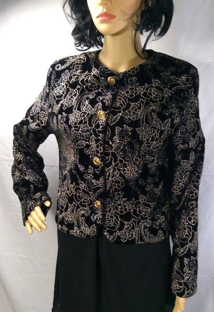 Joanna womens jacket size S evening holiday black velvet silver sparkly paisley