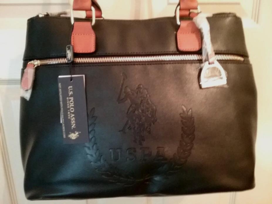 NEW U S Polo Assn. Womens Large Handbag  Black w/Cognac Trim   $99   (GT004K)