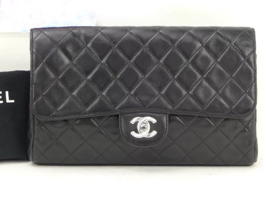 CHANEL Black Leather Classic Flap Clutch: Silver Tone CC Bag $3890:  Authentic!