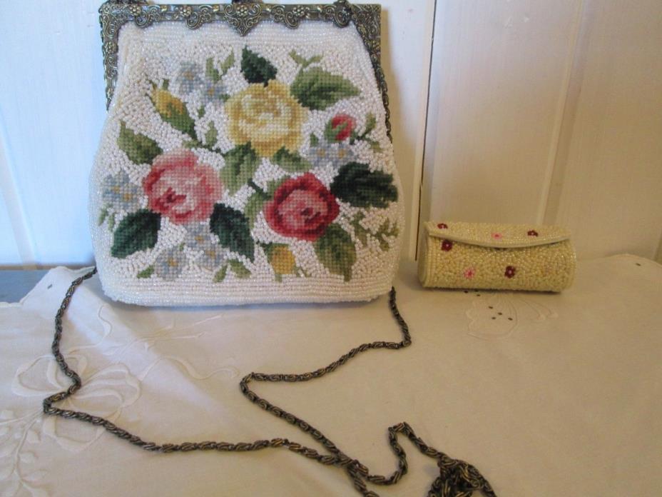 Vintage Beaded Victorian Purse Ornate Metal Fittings Chain Roses Pink China