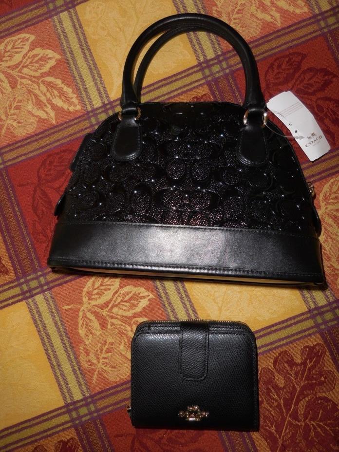 Coach Mini Sierra Leather Dome Satchel Black Crossbody Bag New w' Tags + Wallet