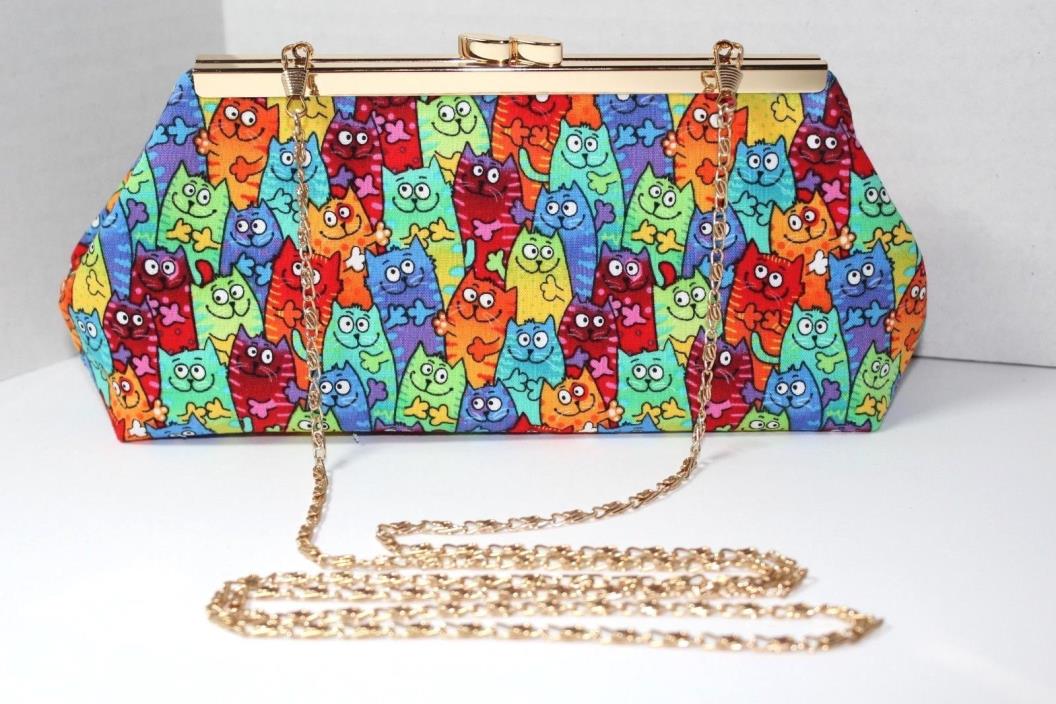 MULTI COLORED CATS FRAMED CLUTCH PURSE HAND BAG HANDMADE BRIDAL PROM (HP)