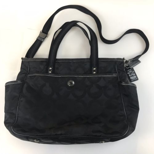 Coach Diaper Bag Tote Large Crossbody Shoulder Solid Black Signature C Nylon