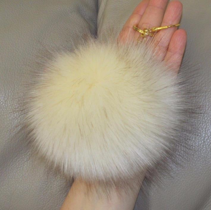 Ivory Fluffy Pom-Pom Faux Fox Fur XLarge Keychain Gift Hat 5.0-5.5 in