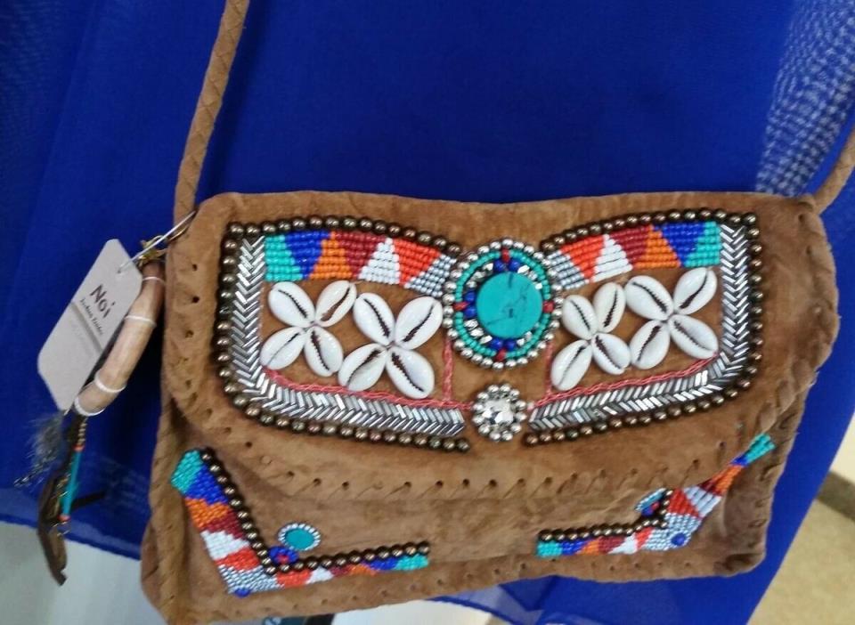 Boho Cowgirl Faux Brown Suede Beaded Turquoise Sea Shell bag India Z01-2/22
