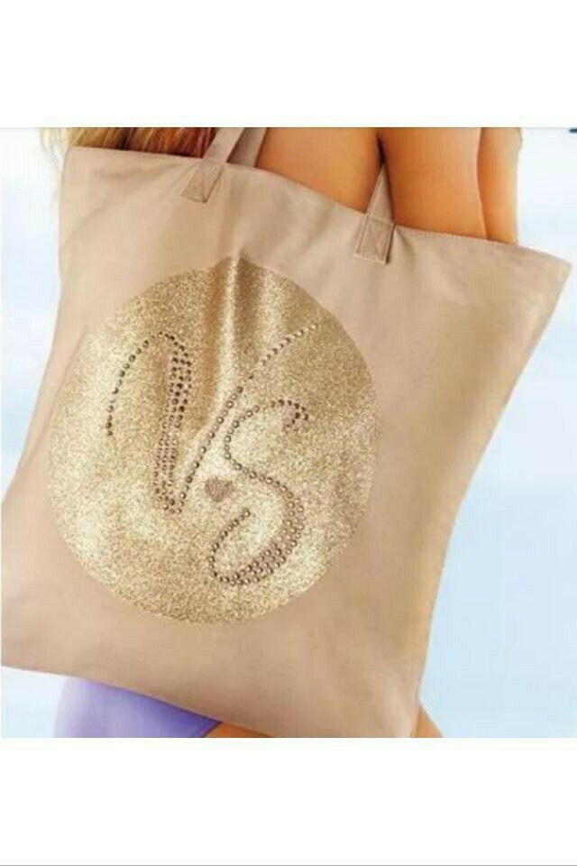 NWT Victorias Secret VS Embellished Canvas & Gold Beach Bag Tote