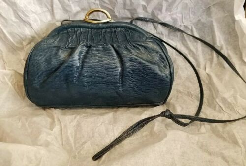 Vintage Etra Navy Blue Leather Purse, Goldtone Hardware, Delicate Shoulder Strap