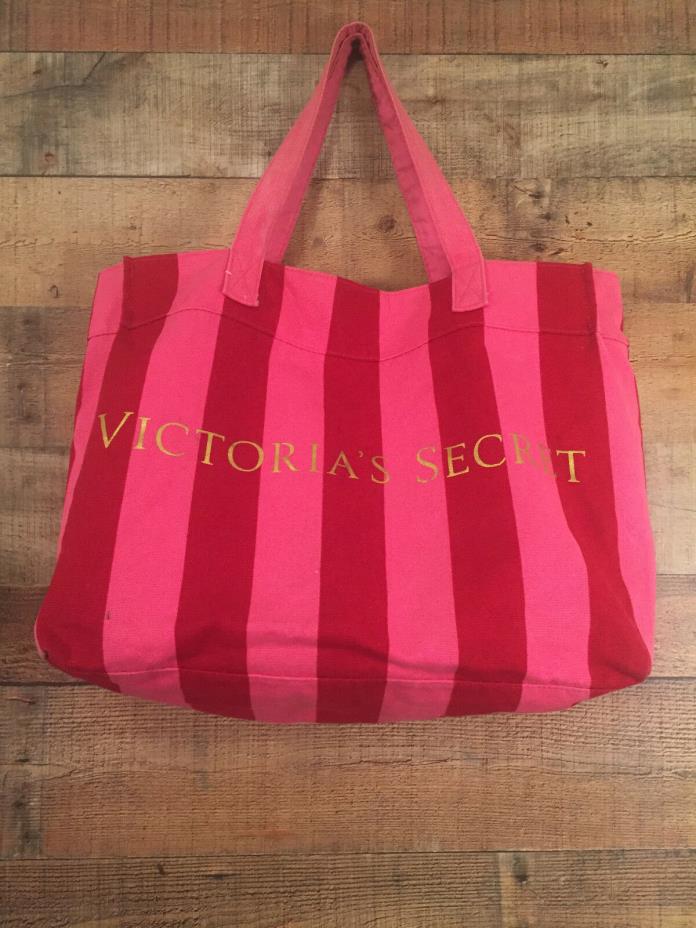 Women's Large Victoria's Secret Tote Bag Pink/Red Striped Canvas Magnetic Close
