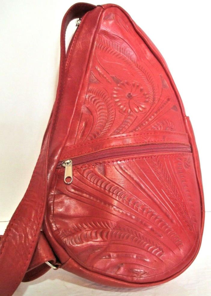 New Hand Tooled RED GENUINE LEATHER Large Multi Pocket Sling Shoulder Bag FAB