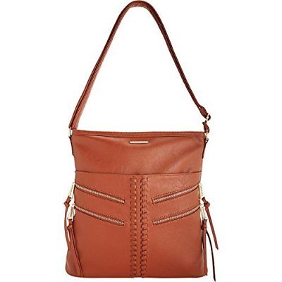 Rampage Womens Faux Leather Zipper Pocket Hobo Handbag Brown Large