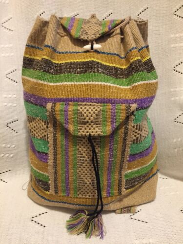 RASTA Style Mexican Backpack BoHo Colorful Woven Baja Bag Aztec EUC