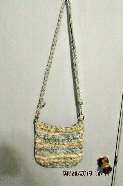 The Sak Knit Handbag Purse Woven Crochet Bag Small Blue Grey White Green Stripe