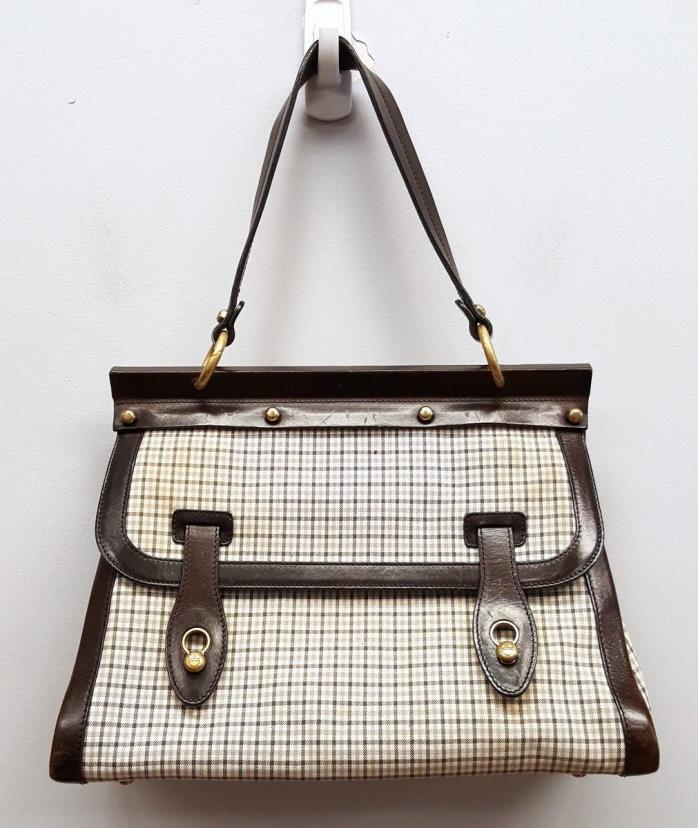 BALLY Brown White Ivory Fabric Leather Handle Bag Handbag
