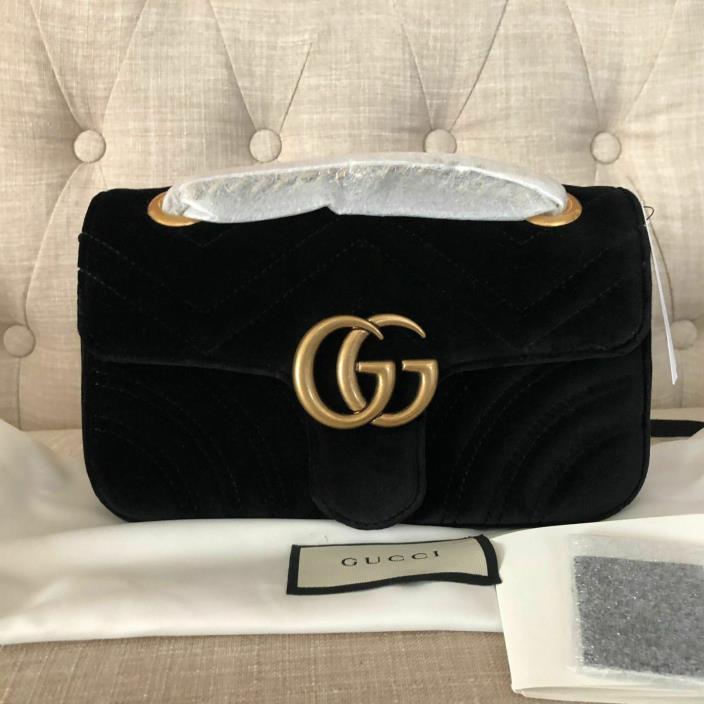 100% AUTH BNWT Gucci Marmont New Gg Mini Black Velvet Shoulder Bag Crossbody