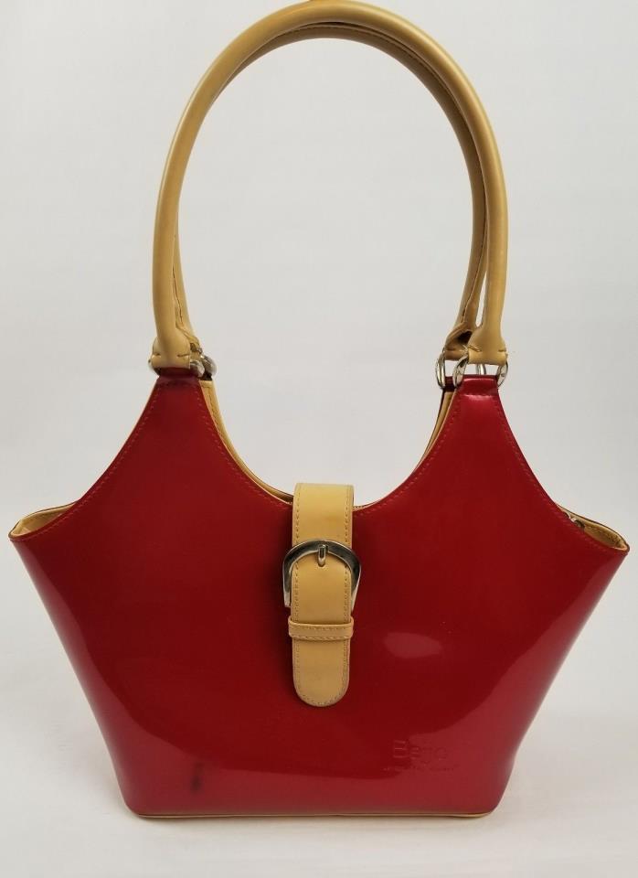 BEIJO Hand Shoulder Bag Red and Tan Snap/ Zip Close Three Inside Pockets