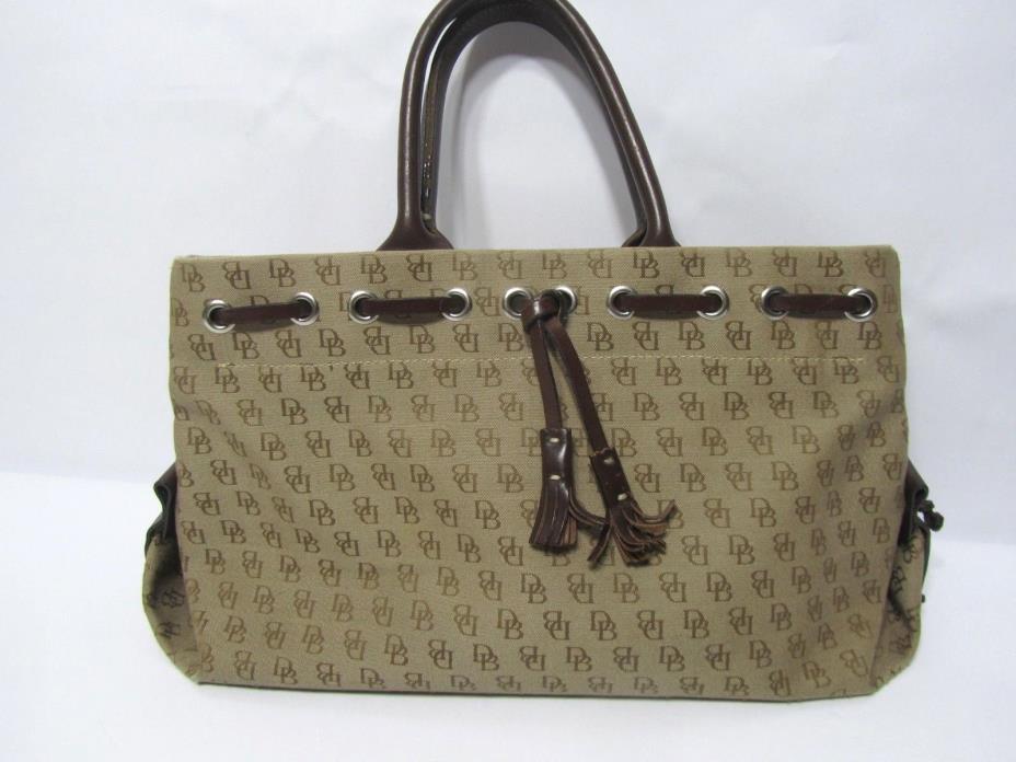 Authentic Dooney & Bourke Brown Monogram Tassel Top Zip Satchel Purse Bag
