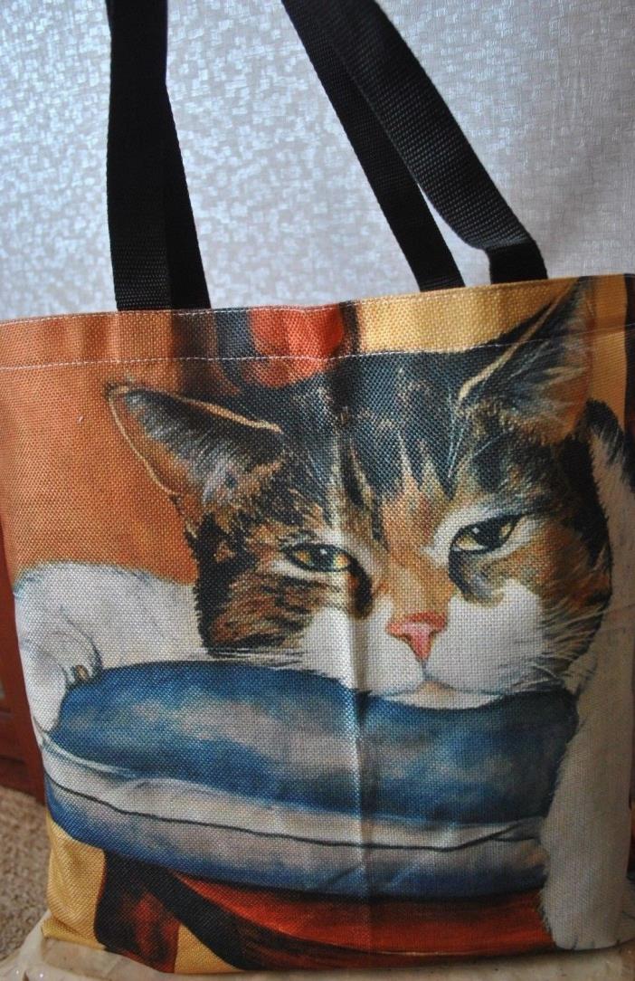 Lazy Sleeply Cat Print Tote Bags Linen Reusable Shopping Bag