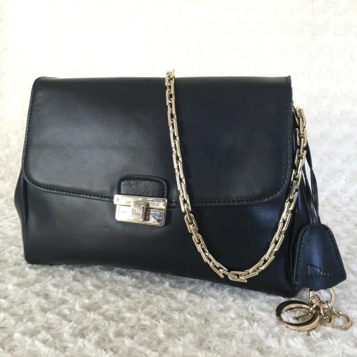 Christian Dior Diorling Leather Handbag Black Gold Chain Link Handle Charm Italy