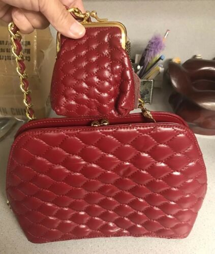 The Find Red Quilted Genuine Leather Purse Handbag Medium Gold Strap Coin Purse