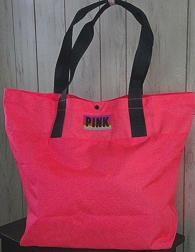Victoria Secret PINK extra large tote fluorescent coral snap closure beach