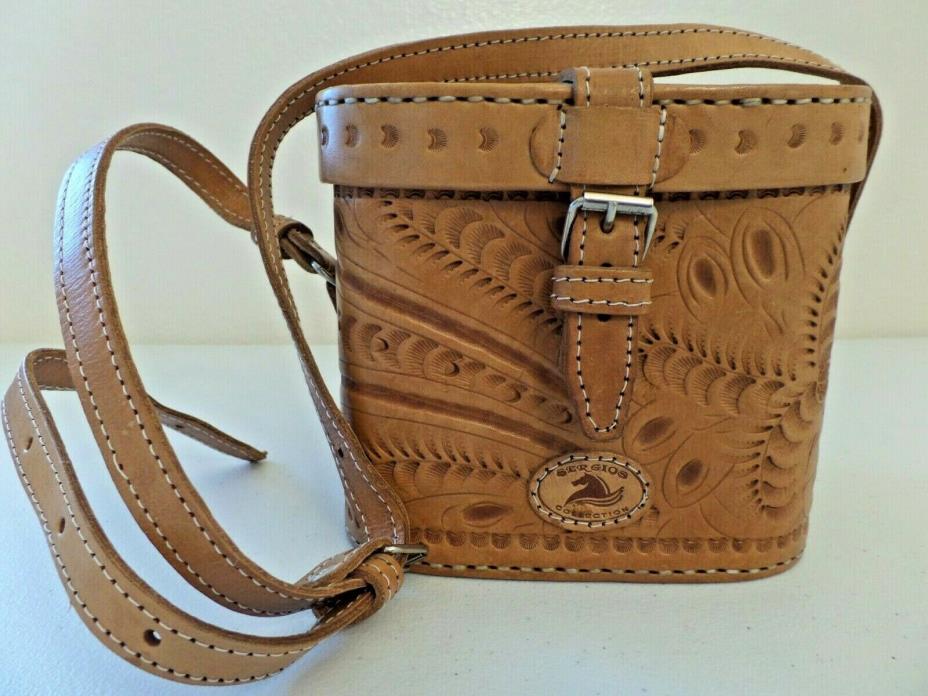 Sergio's Etched Leather Cross Body Small Bucket Purse Adjustable Strap