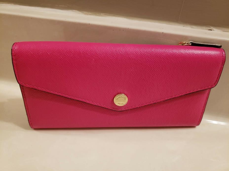 *MICHAEL KORS*BRIGHT PINK JET SET SAFFIANO LEATHER WALLET Plus CHALK ZIP CASE