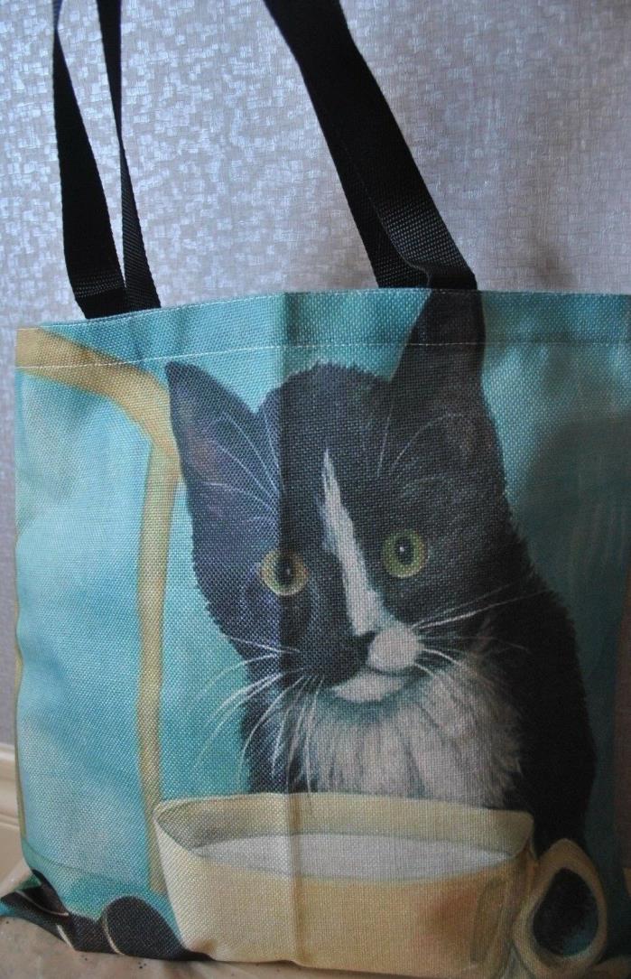 Tuxedo Cat w/milk and cookies Print Tote Bags Linen Reusable Shopping Bag