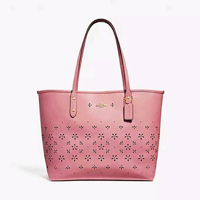 COACH FLORAL PERFORATED LEATHER CITY TOTE BAG NWT 28973 VINATGE PINK PURSE $425.
