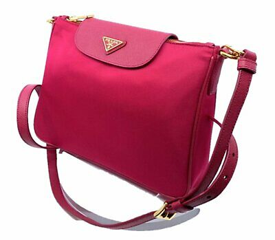 Prada Women's Tessuto Saffiano Pink Ibisco Nylon Crossbody Bag Handbag 1BH933