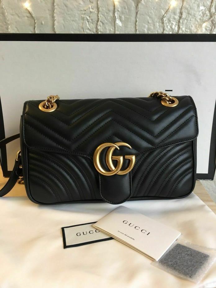 Authentic! Gucci GG Marmont small matelassé shoulder bag Black Leather