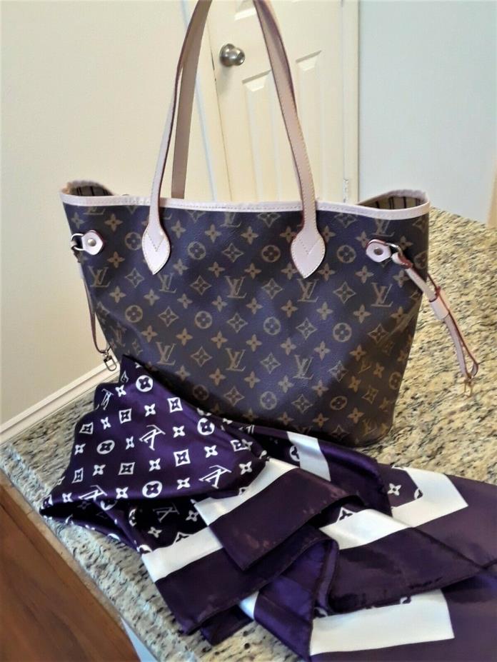 Louis Vuitton LV brown tote with LV purple silk scarf.