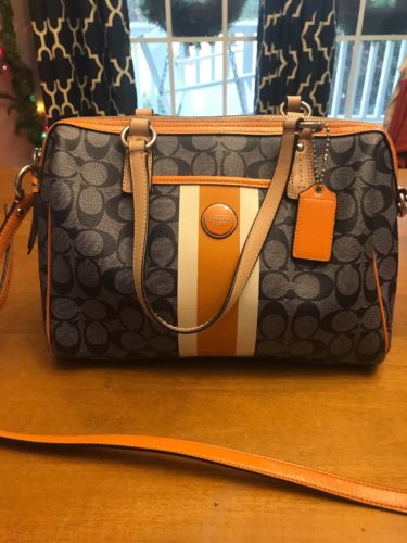 Coach Signature Stripe PVC Satchel Navy Orange