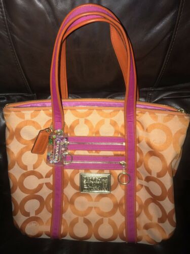 Coach Poppy Signature OP Art Glam Tote Shoulder Bag 13826 Orange Pink RARE