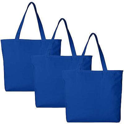 PACK OF 3 Large Heavy Canvas Plain Tote Bags with Top and Inside Zipper Closu...