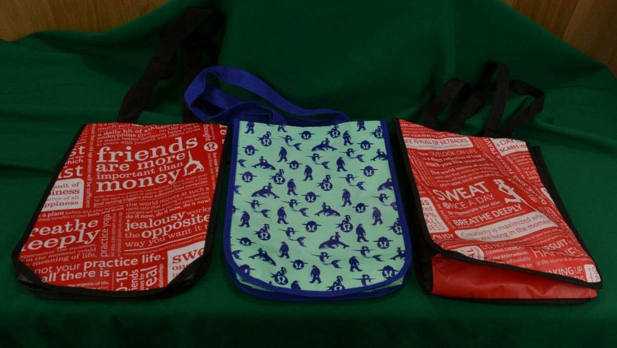3 Lululemon Resuable Small Shopping Bags Blue Seawheeze 2013 & Red Manisfesto