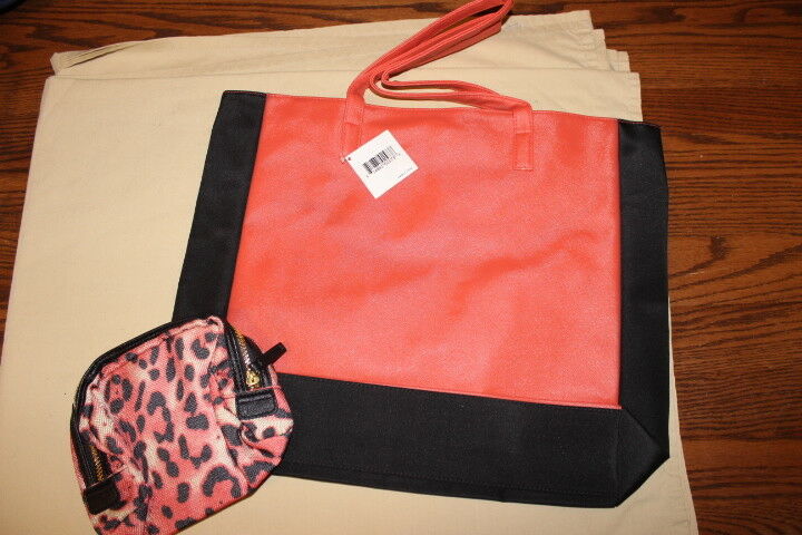Peach and black striped tote with smaller zippered bag BRAND NEW