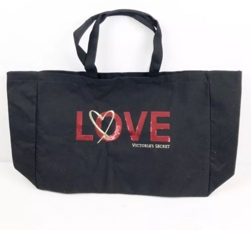 NWT Victorias Secret L Tote Bag Black Canvas w Red Sequin Love and Heart Gift