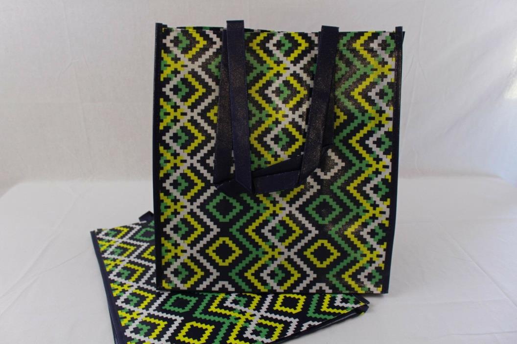 Lot of 2 Non Woven Re-usable Tote Grocery Bags Diamond Design Green Yellow