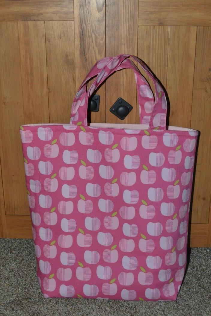 Fabric Tote Bag Bookbag Shopping Pink Apples Print Handmade Lined 14 X 14