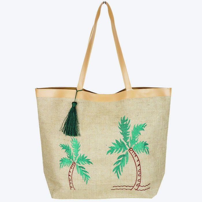 Palm Tree Beach Bag Nautical Embroidered Straw Jute Tote Bag Tassel ropical NAT