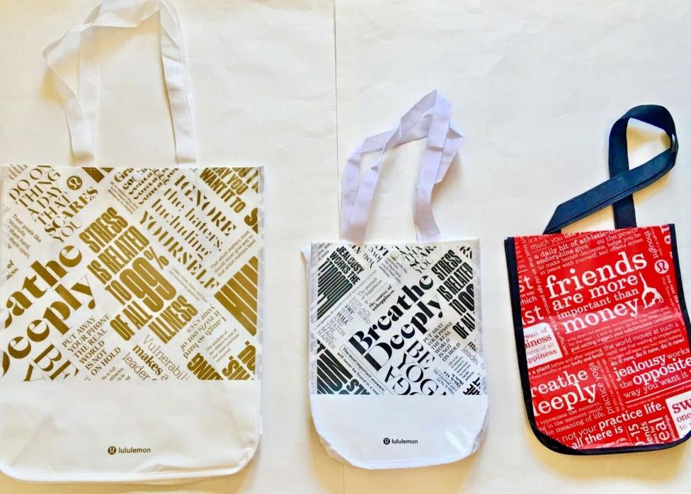 Lot of 3 NEW Lululemon Reusable Totes Shopping Bags Gold Medium Red Black Small