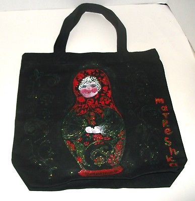 Matreshka Russian Nesting Doll Hand Painted Black Tote Bag 13