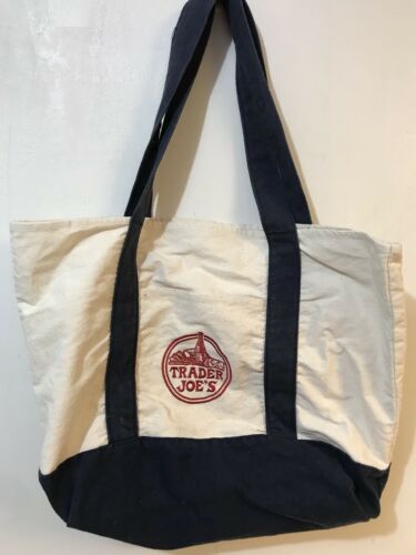 Trader Joe's Canvas Bag Reusable Blue Beige Red Logo