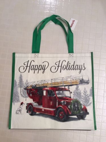 NEW TJ Maxx Large Shopping Tote Bag Happy Holidays Old Fire Truck Dog Reusable