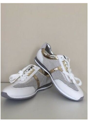 New, Michael Kors Maggie Trainer Fashion SNEAKER White & Gold , Size:7:5