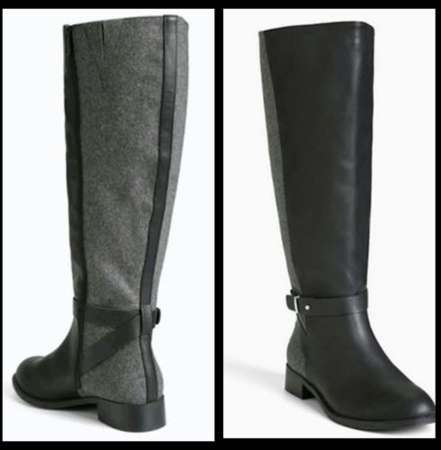 NIB Torrid Black Faux Leather Grey Wool Boots Wide Width/Wide Calf Black Size 8W