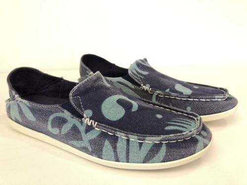 Womens OluKai Nohea Blue Canvas Print Casual Loafers Slip On Shoes 38 Womens 8