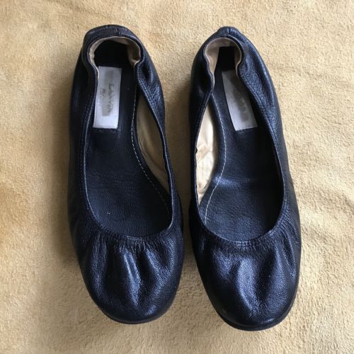 Lanvin Shoes 37 6.5 Black Ballet Flats Slip On Leather Womens Scrunch Topy Grip