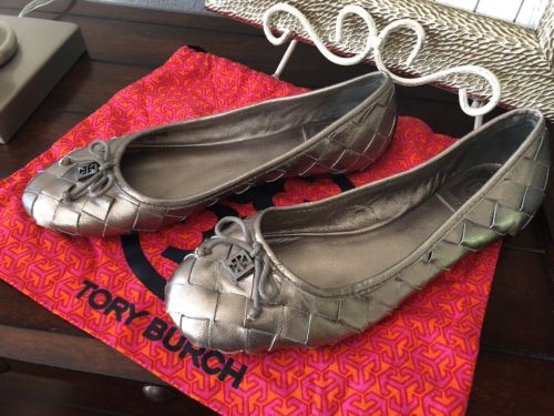 Tory Burch Woven Metallic Silver Flats Leather Size 7 M