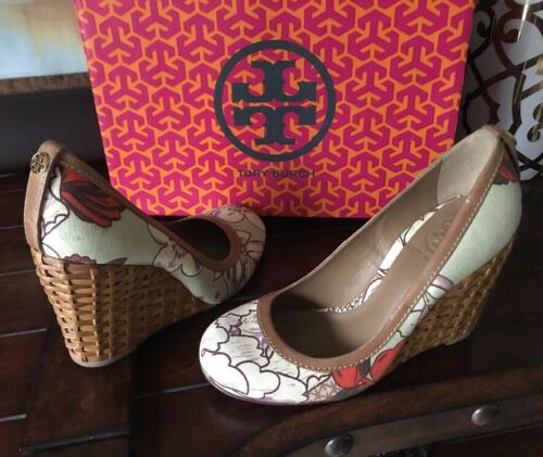 Tory Burch Floral Wedge Leather Shoes Size 5.5 M *EUC*